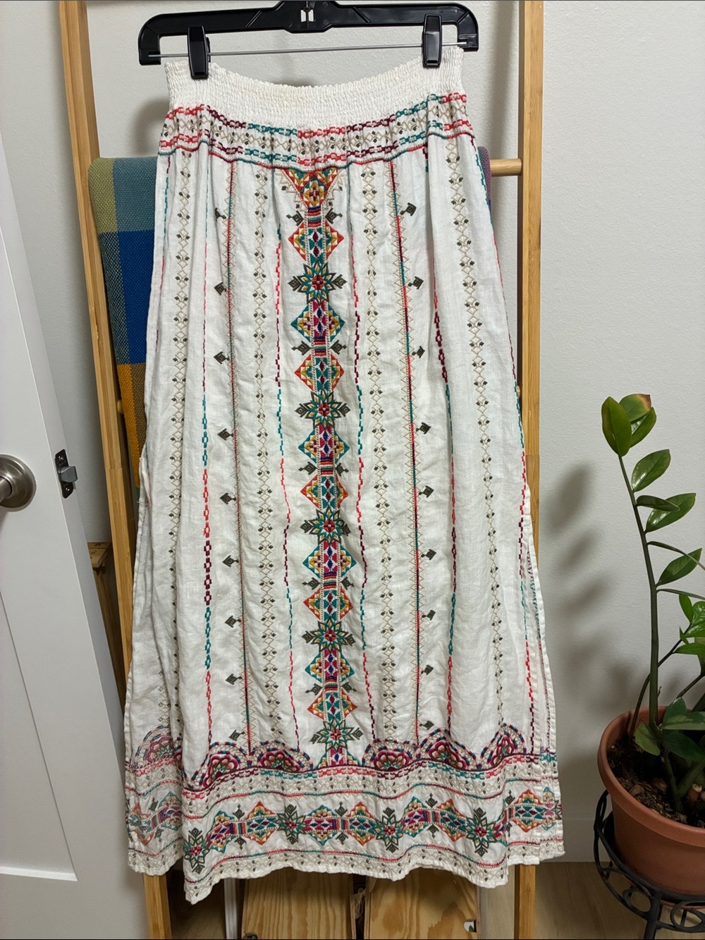 Boho Embroidered White Maxi Skirt with Multicolor Trim